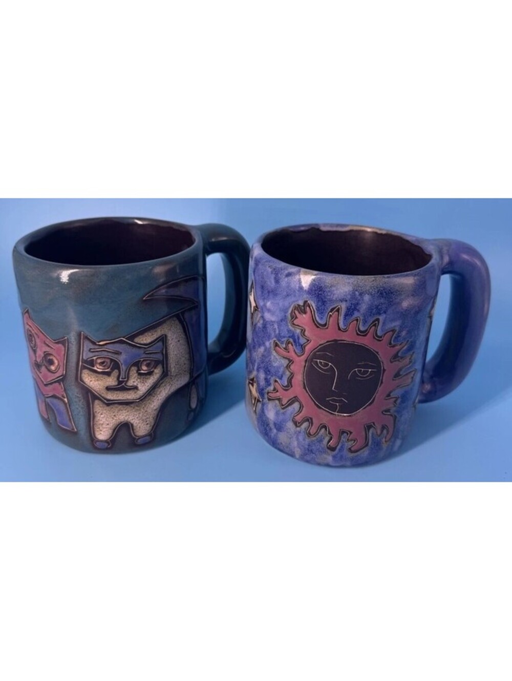 Design by Mara Mexico Art Pottery Mugs Lot 2 Cat Sun Moon Stars Signed